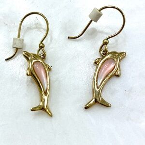 Vintage Gold Dolphin Drop Earrings with Pink Enamel Inlay